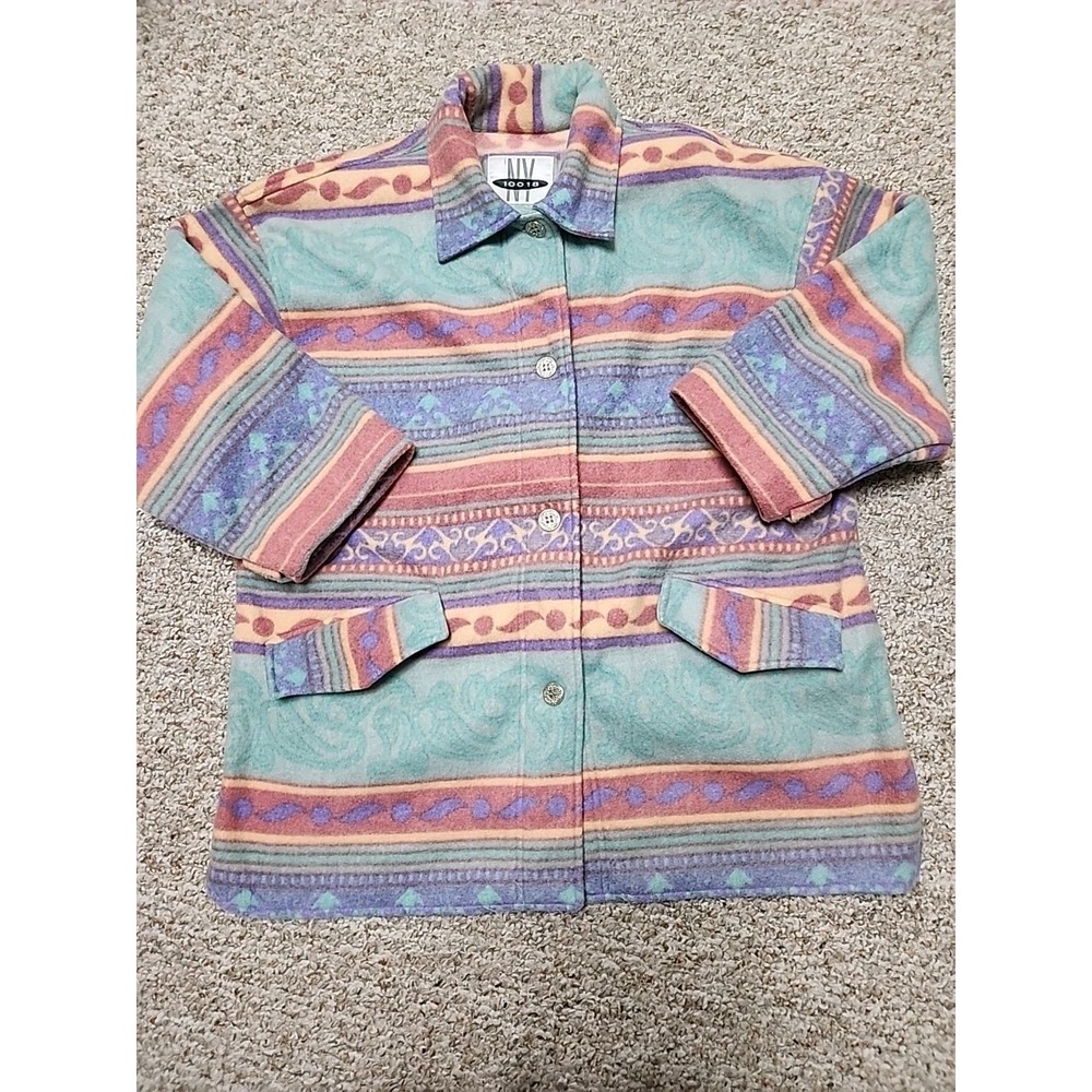 Vintage 90s Fleece Jacket by NY 10018 One Size Pastel Silver Buttons‎ Pockets